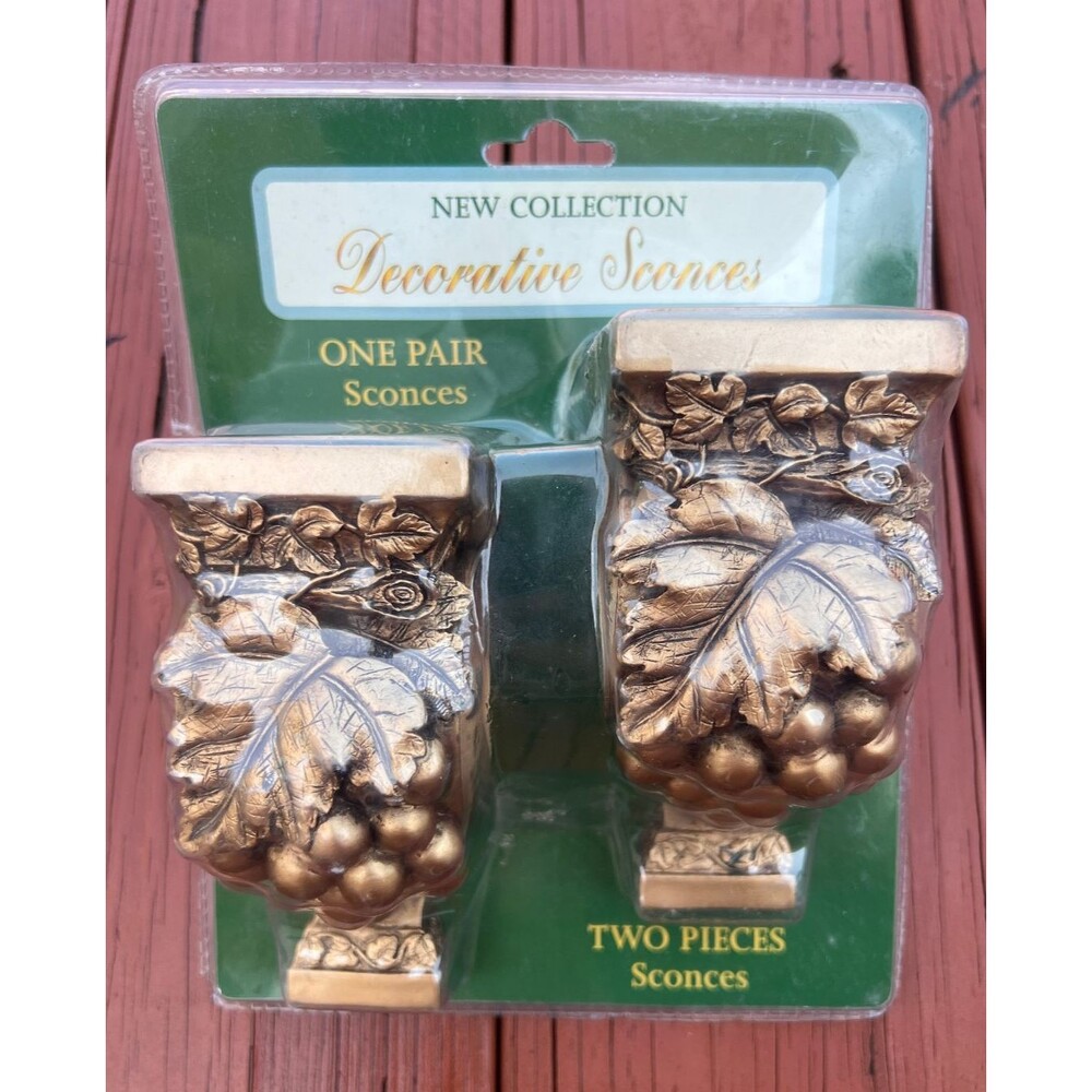 Pair Decorative Curtain Sconces Gold Tone Grape Leaf Design Wall Brackets NIB